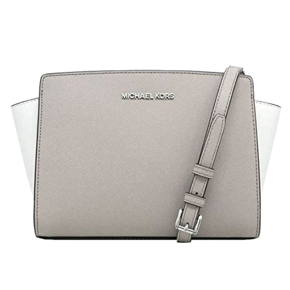 Michael Kors Selma MED Color-block White & Cement Saffiano Leather Messenger Bag - Picture 2 of 14